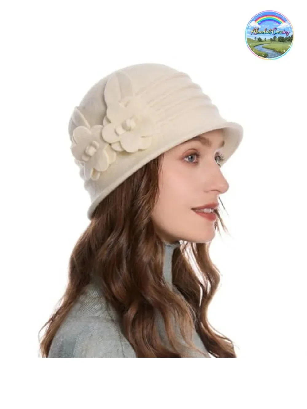 Vintage Wool Cloche Bucket Hat with Flower - Packable Winter Hat for Travel &